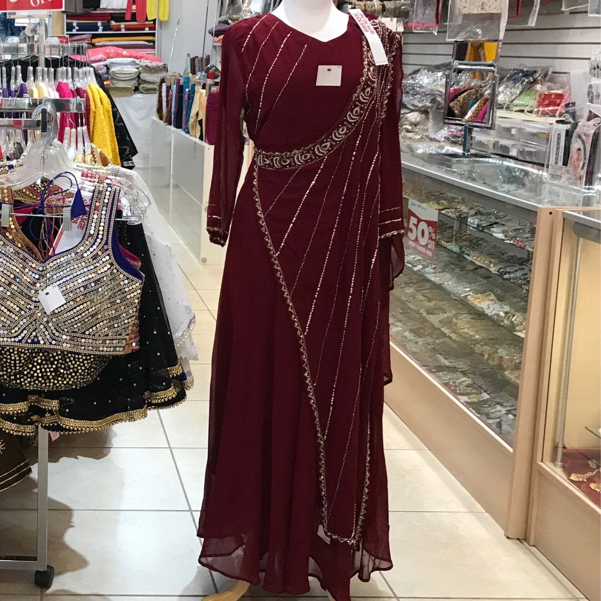 Maroon Embellished Pre Stitched Saree in Lycra with Patch Work -...